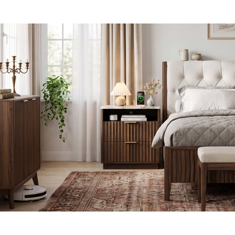 Seyla 23''W Fluted Nightstand with 2-Drawer Open Cubby, Built-In Charger Outlets, Walnut Wood Grain/White Stone, Individual