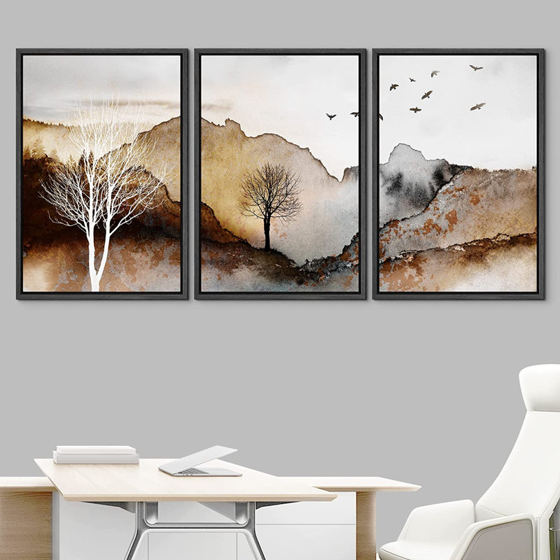 "Mountain Forest", paysage naturel abstrait, images de paysage encadrées sur toile, impression sur toile 3 pièces, Cadre noir