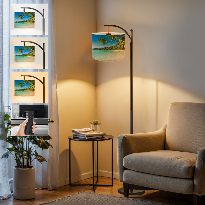  Arc Floor Lamp Teahatea Fakarava French Polynesia Atoll Beach Tall Modern Standing Lamp LED Adjustable Linen Lampshade 3 Color Temperatures