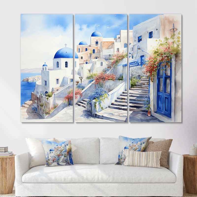 «Blue and White Santorini Village I», art mural Grèce, Toile tendue, H 40 po x l 61 po x P 1 po