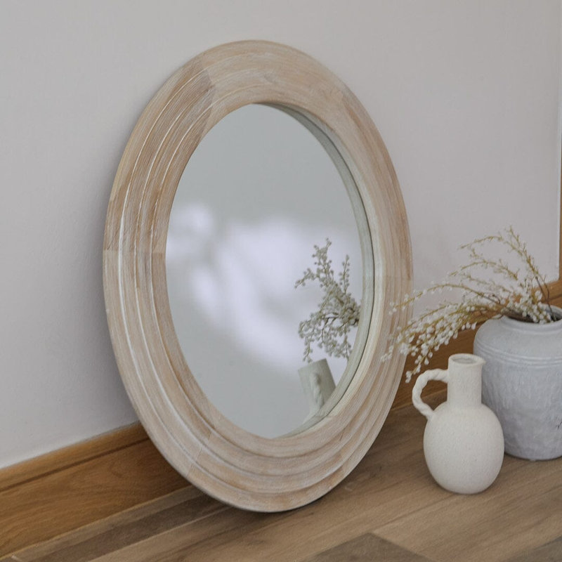 70cm Wooden Mirror, Round, Whitewash