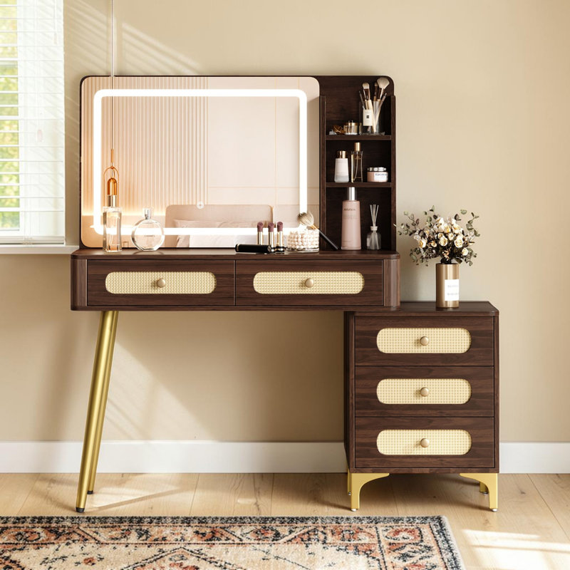Meuble-lavabo vintage 47 po avec miroir à DEL, 5 tiroirs de rangement et luminosité réglable, noyer foncé, Noyer foncé