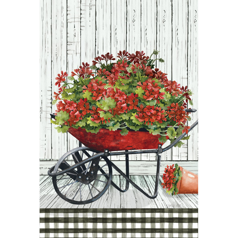 «Welcome Geranium brouette sur toile» par Cindy Jacobs, reproduction, H 48 po x l 32 po