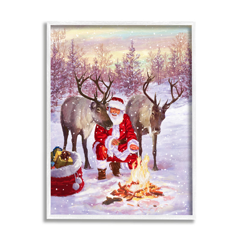 «Santa & Reindeer Bonfire Scene» encadré sur bois par Pip Wilson, peinture, H 20 po x l 16 po x P 1,5 po