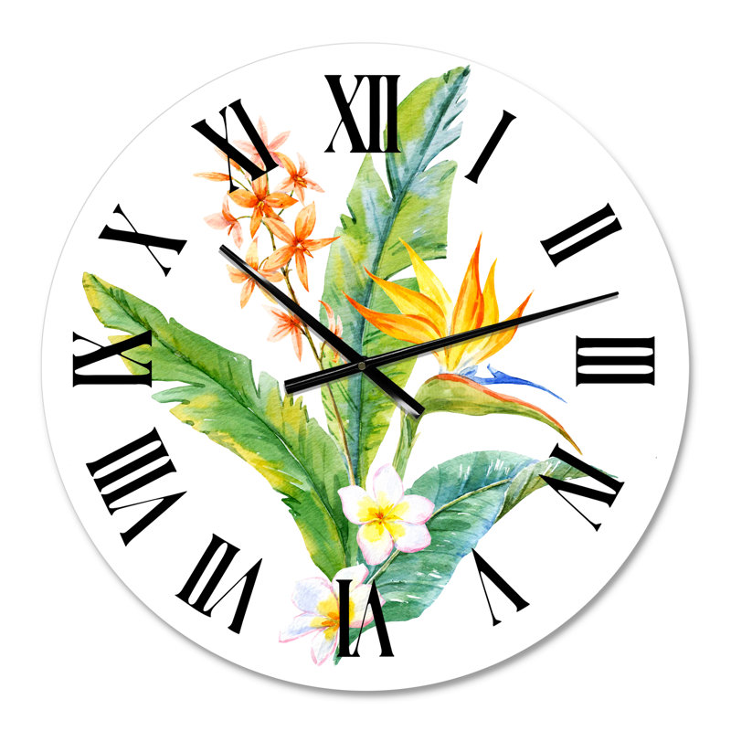 Fleurs tropicales jaunes avec feuilles vertes I - Horloge murale traditionnelle, Surdimensionné