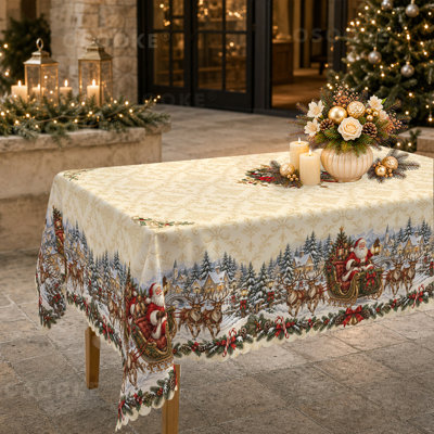 Vintage Santa Sleigh Tablecloth, Classic Christmas Lantern & Winter Village Table Cloth