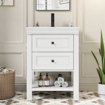 Ensemble de meuble-lavabo simple 24 po avec comptoir en céramique Sharee, 2 tiroirs lisses, robinet