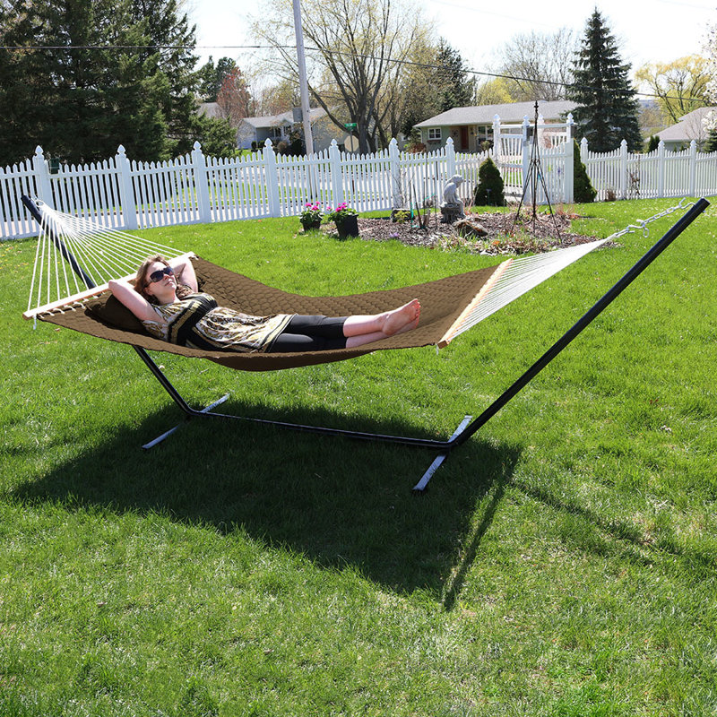 Brown Quilted Double Hammock with Stand and Pillow