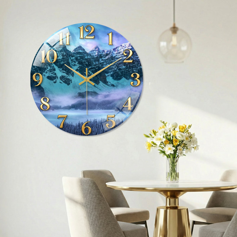 "Mountain Lake", horloge murale en verre, 60 x 60 cm (23,6 x 23,6 pouces)