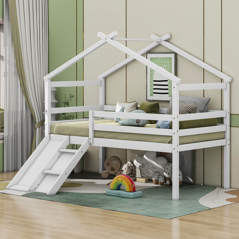 Lit simple mezzanine bas avec glissade, échelle, barrières de sécurité, Blanc