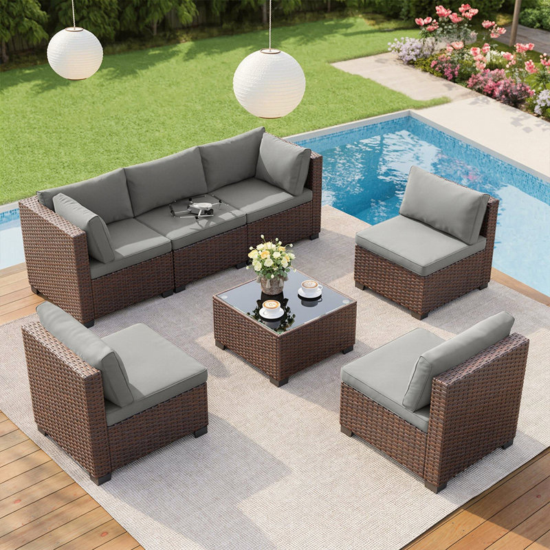 7-Piece Outdoor Modular Patio Conversation Set with Cushions, Gray