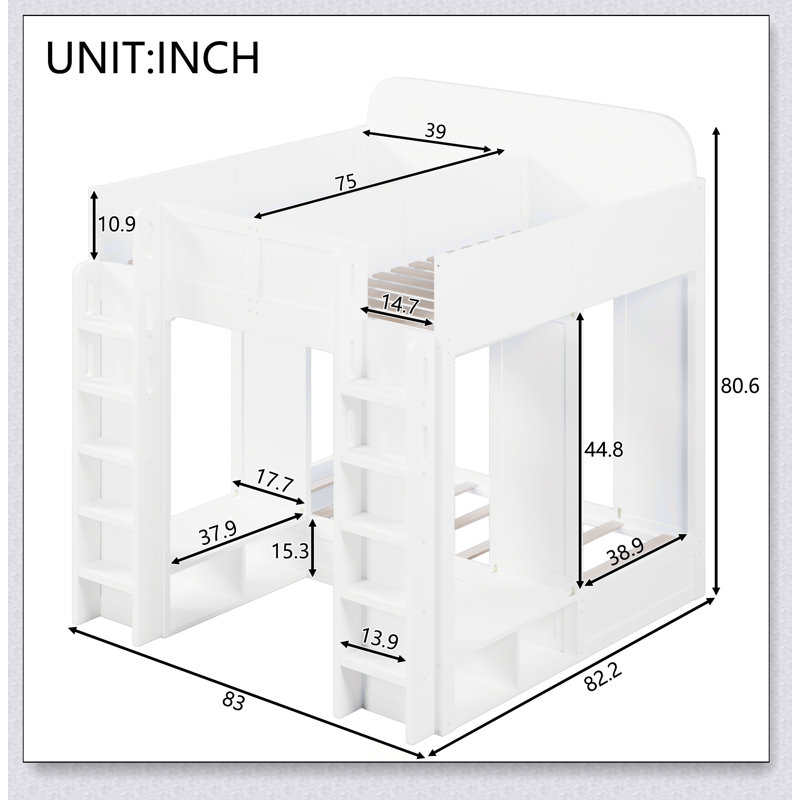 Triple Bunk Bed With Storage Shelves And Hooks +Twin Over Twin XL, White
