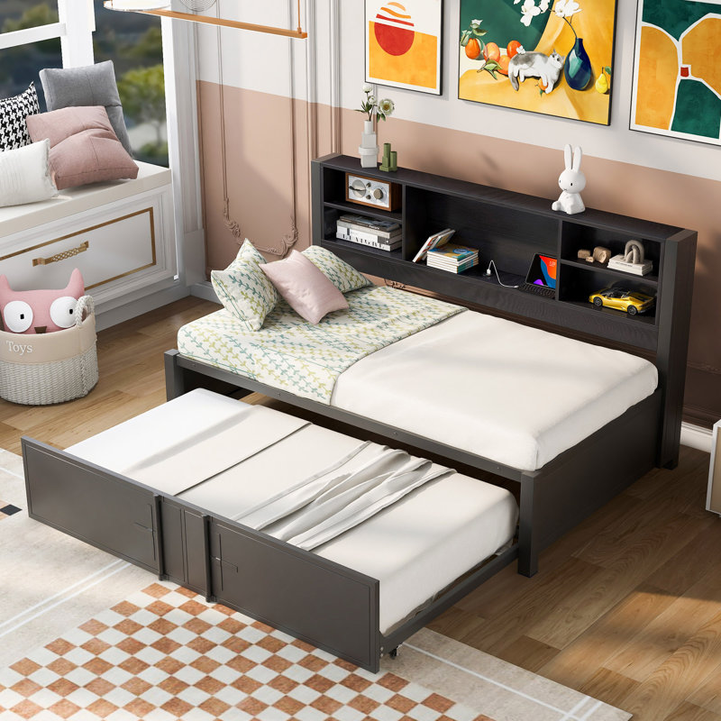 Metal Twin Size Daybed With Twin Size Trundle, Storage Shelves And USB Ports, Black