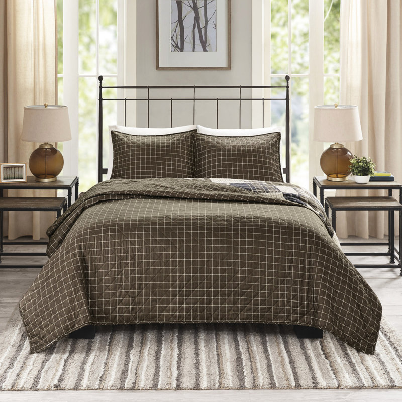3 pièces de courtepointe très grand / très grand, noir / brun, réversible avec bordure découpée et taie décorative douce, patchwork