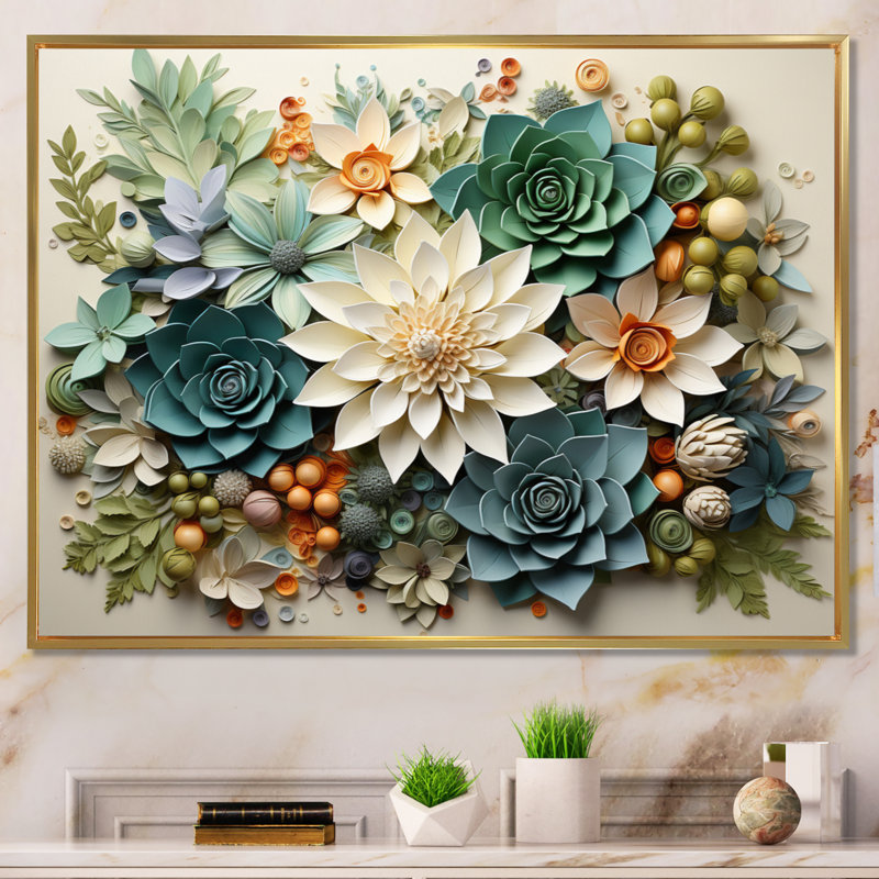 Plantes vertes succulentes sereines - Art mural, H 12 po x l 20 po x P 1 po, Reproduction avec cadre flottant, Doré