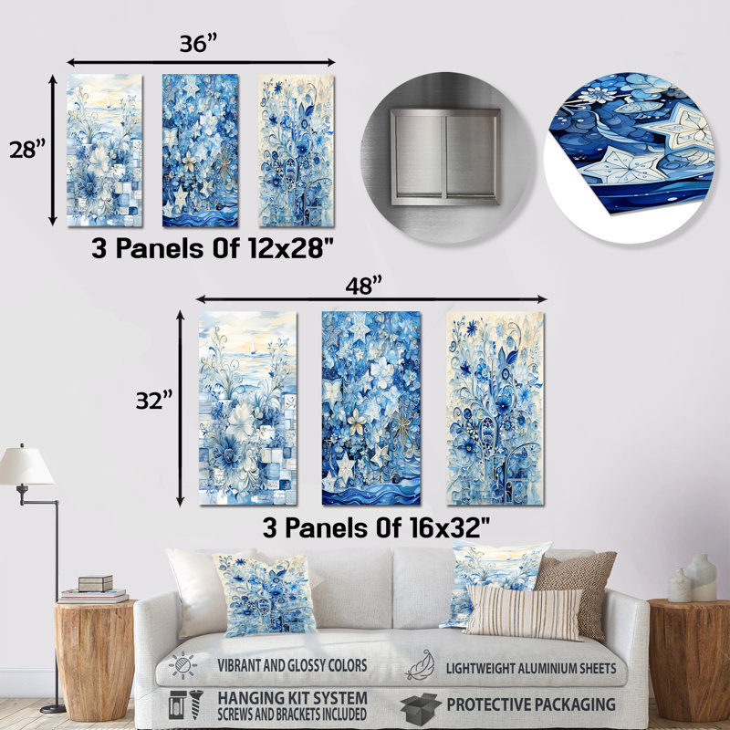 «White and Blue Botanical Tiles I», ensemble de 3 reproductions d'art mural en métal abstrait, H 28 po x l 36 po