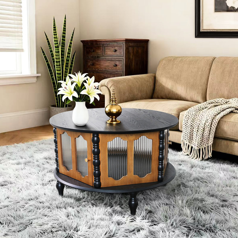 Table basse ronde de 31,5 po avec trois portes de rangement, placage en bois véritable, noir et brun, facile à assembler et à garder propre