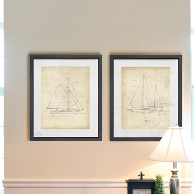 Sailboat Blueprint III - Matted and Framed Under Acrylic Glass, Set of 2, Large Living Room Wall Art