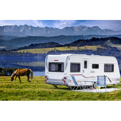 Camper Trailer By The Czorsztyn Lake And Tatra Mountains by Ewg3D - No Frame Print on Canvas