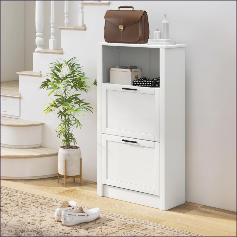 Armoire de rangement pour chaussures avec compartiment ouvert 2 tiroirs rabattables | Minimaliste | Blanc cassé