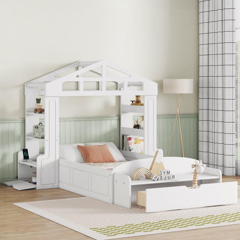 Chaquana House Platform Bed With Bookcase And with Bench, Socket and Shelves,Storage Bed,Platform Bed, White