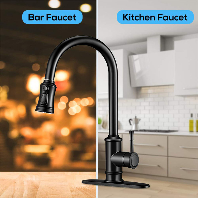 Robinet de cuisine à poignée simple en acier inoxydable avec accessoires, Noir mat