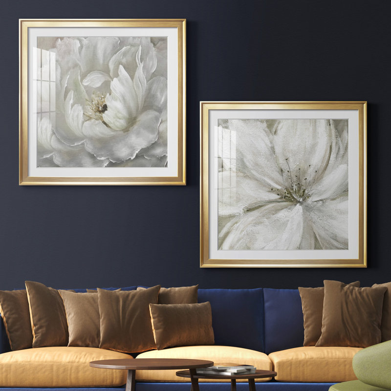 Pivoine parfaite - ensemble de 2 cadres photo sur papier, H 34,5 po x l 69 po x P 1,5 po, Papier encadré doré, Blanc