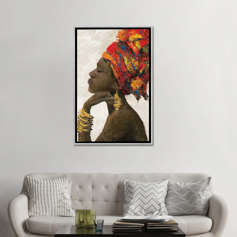 « Portrait of a Woman II » (bracelets or) par Marie Elaine Custer-reproduction d’art, Pas de tapis, Toile avec cadre argenté