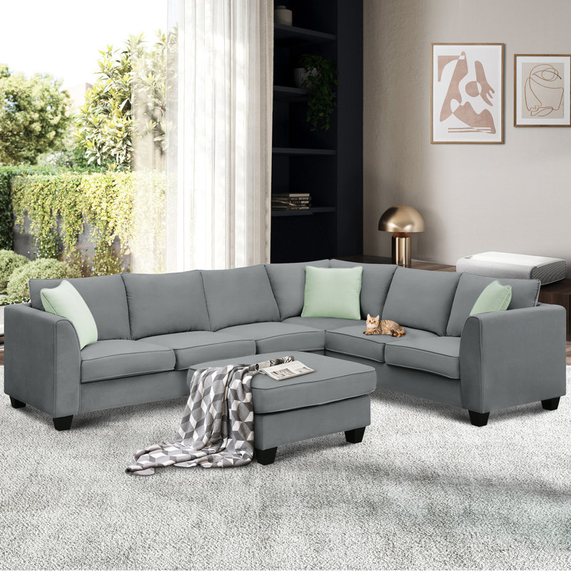 Canapé modulaire en tissu 7 places, L 112 x 87 po, gris, 3 coussins pour le salon, le canapé et la maison, Grey Fabric