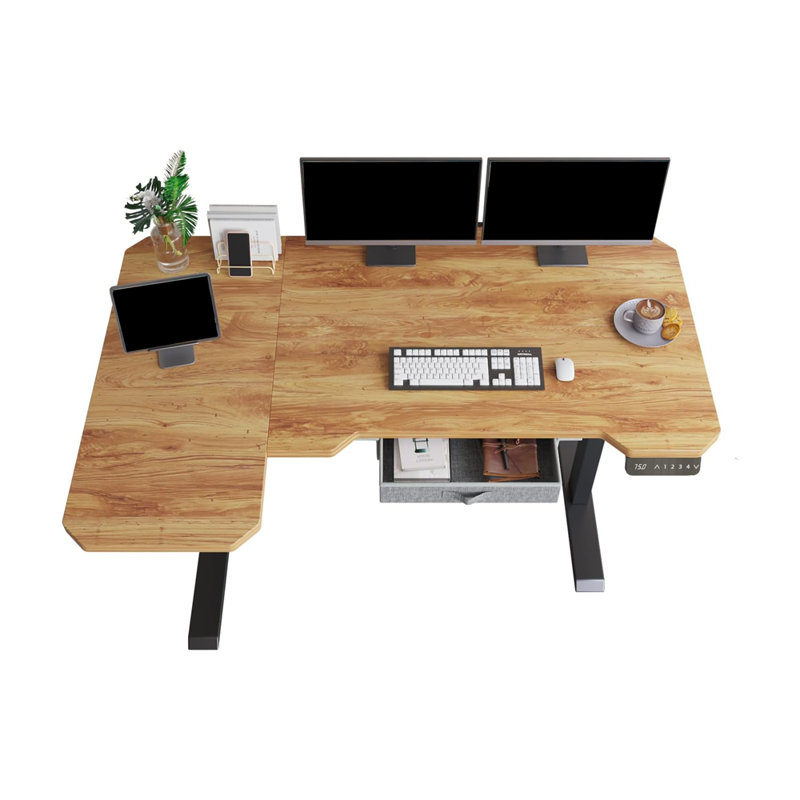  59'' Dual-Motor L-Shape Adjustable Height Standing Desk with A Drawer, Amber/Black