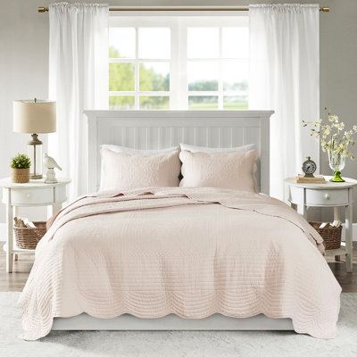 Courtepointe réversible en rosé - 3 pièces, bords festonnés, microfibre, rembourrage 90% coton, pièce de literie réversible, belle maison