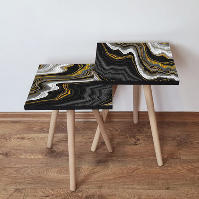 Elegant Nesting Table Set (2 Pieces), Abstract Marble Design, White & Black | 100% MDF with Beech Wood Legs | Bigger Table: 13.8 x 18.5 x 13.8 inches | Smaller Table: 13.8 x 16.5 x 13.8 inches | Stylish & Functional for Modern Living Spaces