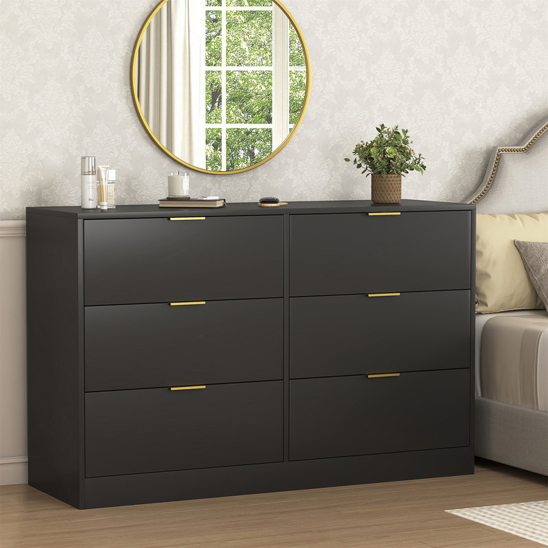 Commode 6 tiroirs, commode pour chambre à coucher, salon, couloir et entrée, Noir