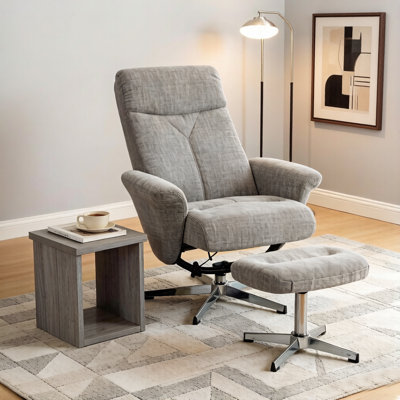 Fauteuil inclinable pivotant en chenille avec repose-pieds, fauteuil moderne, repose-pieds ergonomique, poussoir, manuel, inclinable, salon, lecture, bureau, gris clair