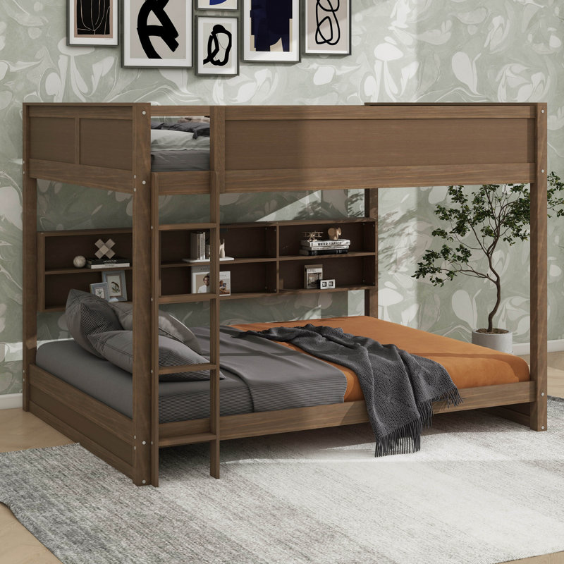 Roomy Queen-Over-Queen Bunk Bed With Storage Cabinets And Useful USB Ports, Antique Wood