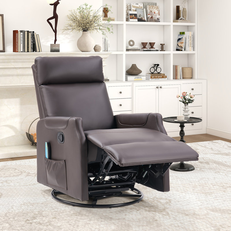 24.8" Wide Modern Manual Swivel Rocking Small Recliner Chair With 8-Point Massage Heating & Side Storage Pocket, Brown
