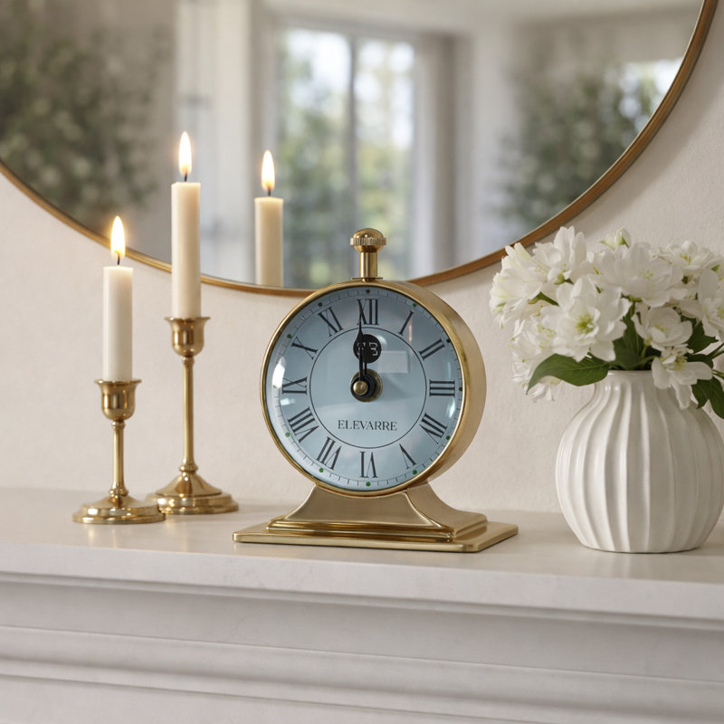 Aparicio Decorative Round Aluminum & Glass Double Sided Tabletop Clock with Compass Dial for Home Decor - Vintage Desk Accent for Office or Entryway - 7", Gold