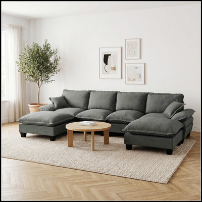 Canapé modulaire modulaire, canapé en U en forme de nuage avec conception de voilier, canapé en chenille confortable à 6 places avec repose-pieds mobile pour le salon