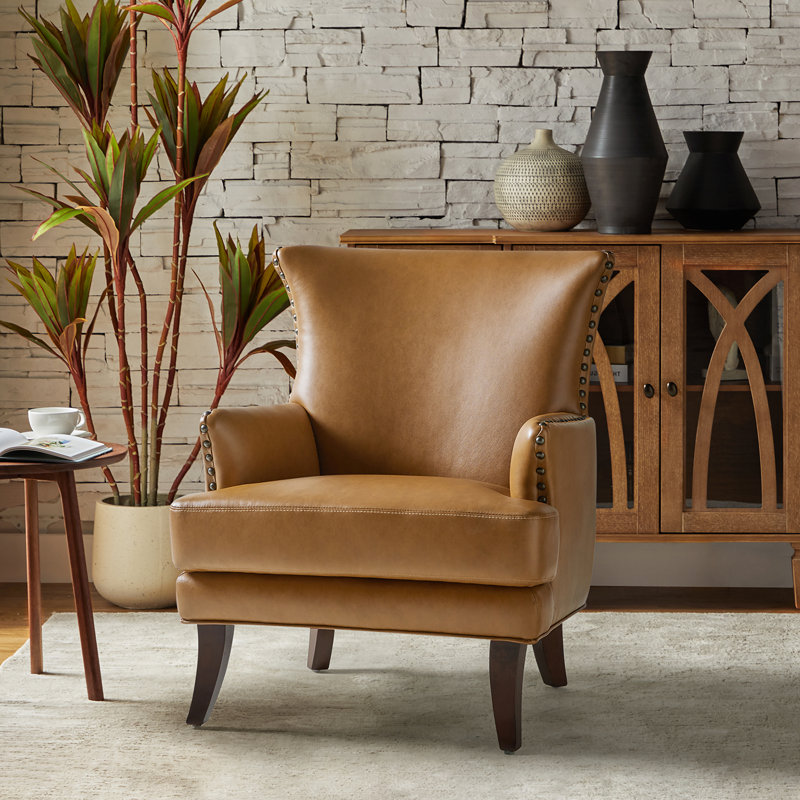 Aviles  29.2" W Vegan Leather Wingback Armchair, Camel Faux Leather