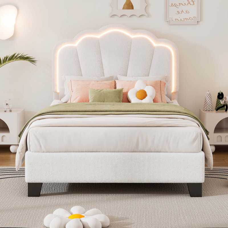 Lit tapissier en forme de fleur, tête de lit élégante avec bande lumineuse DEL, Twin, Rose