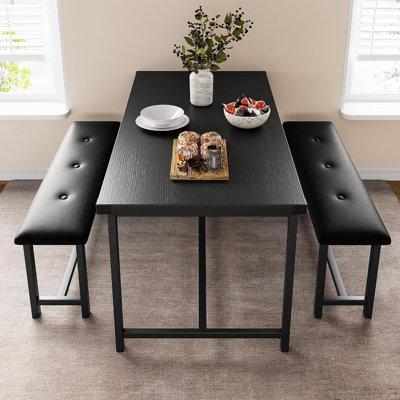 Industrial 44" Rectangular Dining Table Set for 4 with 2 Upholstered Benches
