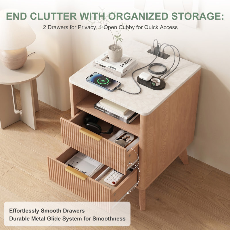 Ensemble de mobilier de chambre à coucher 3 pièces - Lit plateforme tapissier avec tête de lit à oreilles et 2 tables de chevet en bois