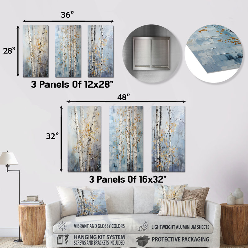 «Silver Birchs Tree Silver Breath» - ensemble de 3 reproductions d'art mural en métal, H 28 po x l 36 po