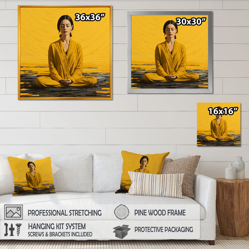 Art méditation jaune et gris - méditation, H 30 po x l 30 po x P 1,5 po, Cadre flottant doré