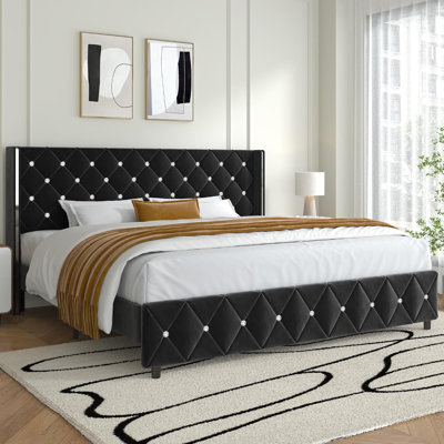 Alber Upholstered Bed Frame With Diamond Tufted Headboard, Modern Wingback, No Box Spring Needed