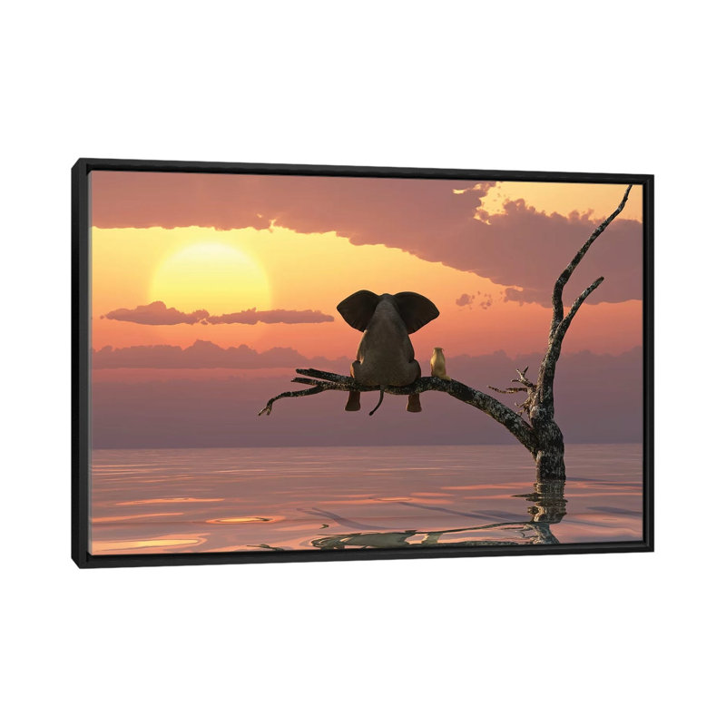 Éléphant et chien assis sur un arbre pendant une inondation par Mike Kyiv - reproduction, H 18 po x l 26 po x P 1,5 po