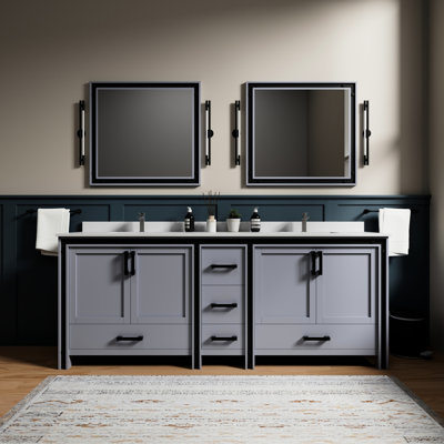 Meuble-lavabo gris foncé 84 po X P 22 po avec miroirs - deux armoires et cinq tiroirs pour une option de rangement riche Compartiment généreux double inclus