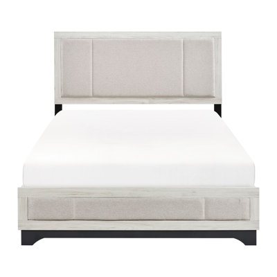Très grand lit contemporain à deux tons en chêne blanc et gris, tête de lit tapissier en tissu moderne avec finition grise, pour la décoration