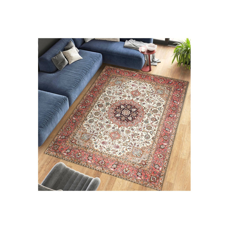 Tapis décoratif moderne lavable à la machine à bordure orange, Tapis de couloir 3 pi 3 po x 6 pi 7 po inclus