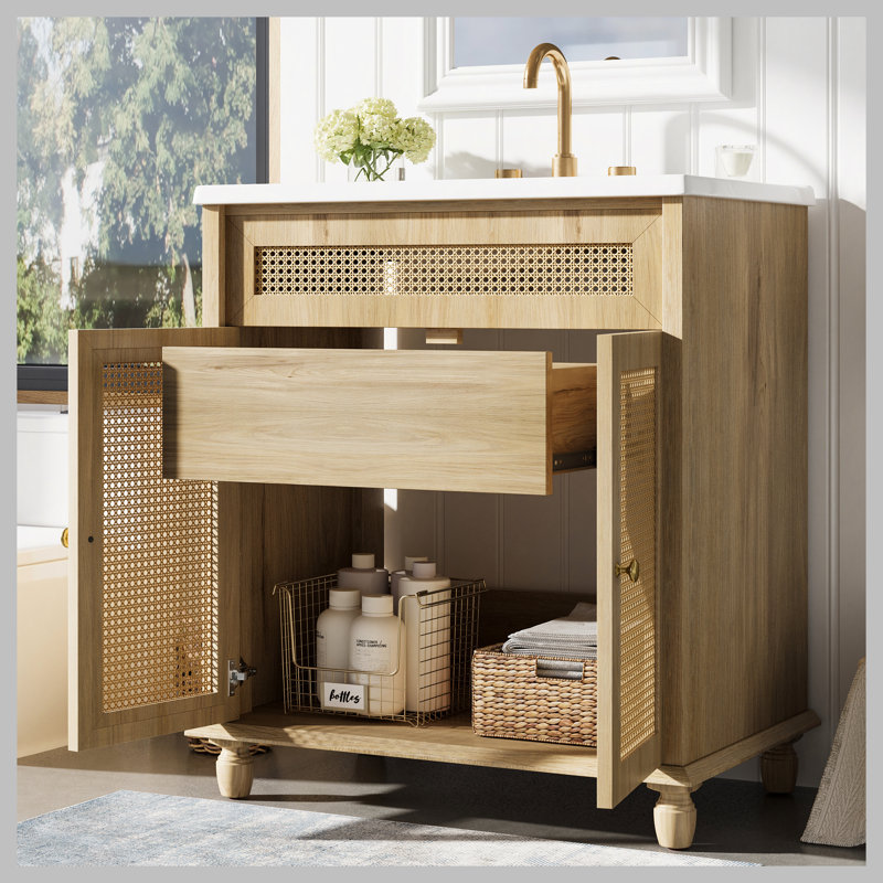 Meuble-lavabo de 30 pouces: portes en rotin tissé à la main, pieds en bois massif et lavabo en résine